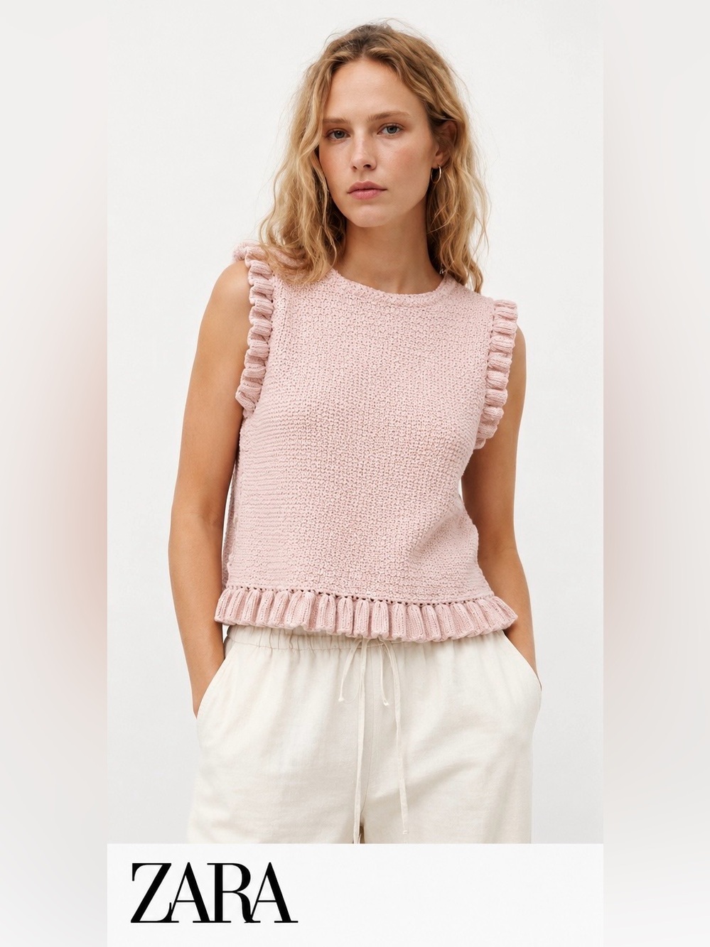 Zara Knit Ruffle Trim Crochet Cotton Sleeveless Top Blush Pink Size Large - Picture 1 of 9